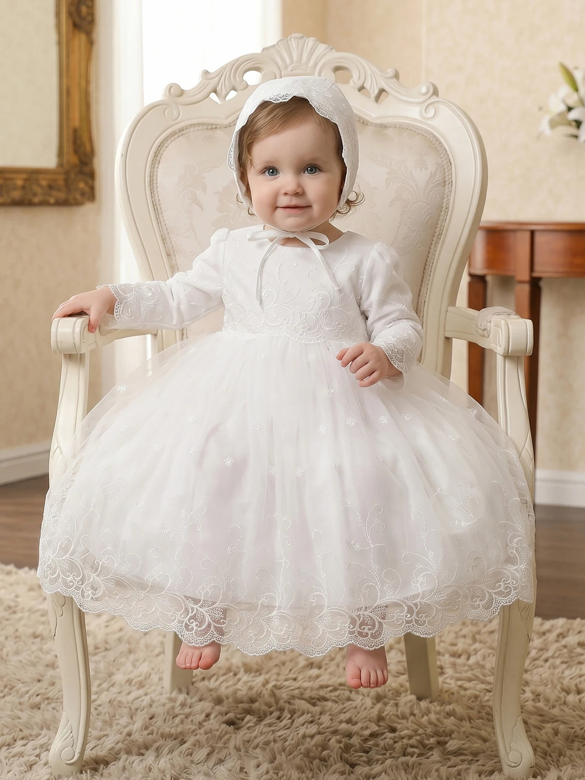Aurelia Baby Girls White Long-Sleeve Tulle Special Gown