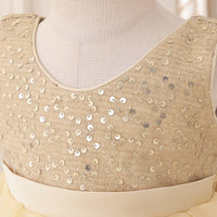 A sleeveless beige blouse with dense silver sequin embellishments across the bodice, displayed on a cream-colored dress form mannequin.