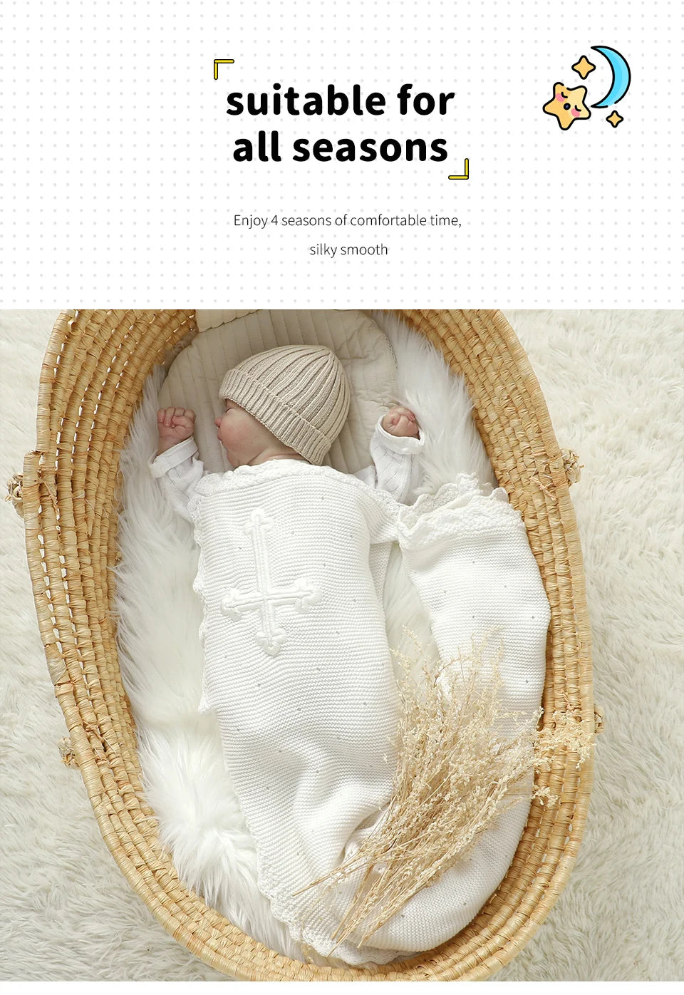 Baby wrapped in cotton white baptism blanket 100 x 80 cm with crocheted cross in a woven basket.
