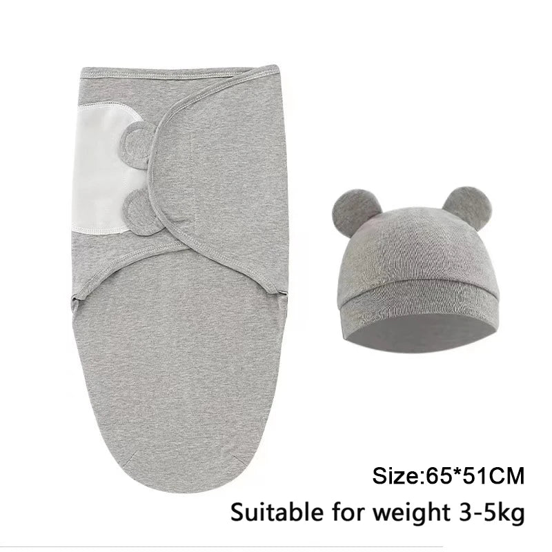 Soothing Baby Swaddle Set Cartoon for Newborns showing a gray swaddle wrap with bear ear hat, suitable for babies 3-5 kg.