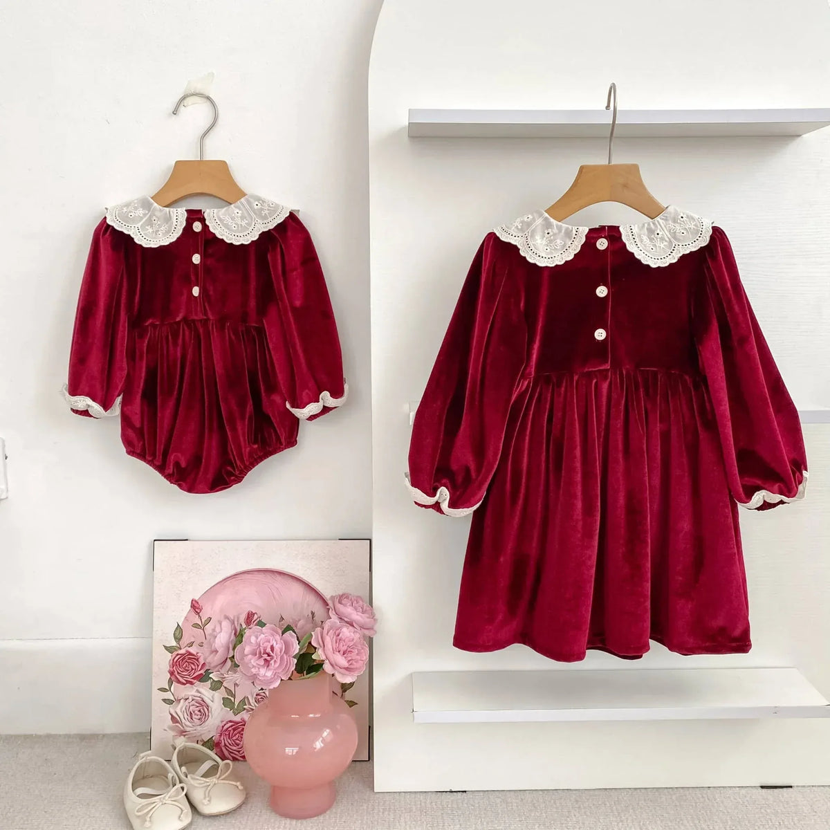Smocked Sibling Outfits Deep Red Velvet Baby Dresses - The Palm Beach Baby