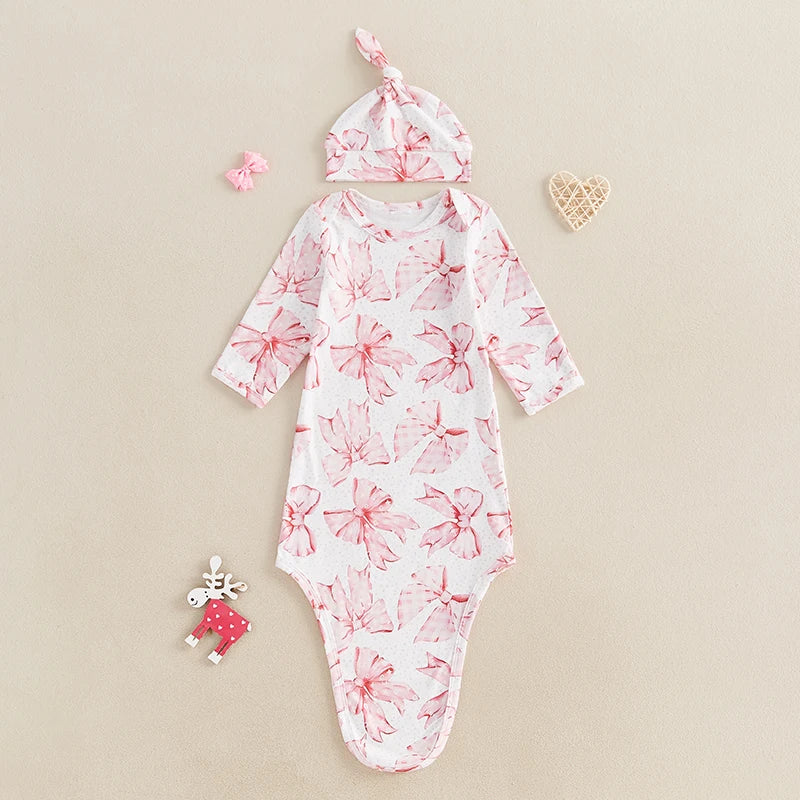 Top view of the Baby Bows Knotted Infant Swaddle Gown 2 PC Set showcasing a stylish bow print and coordinating hat.