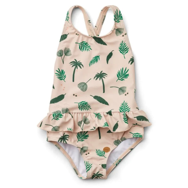 Frilly Prints Sun Protective One-Piece Swimsuit for girls with palm-leaf pattern, crisscross back, and frilly skirt.