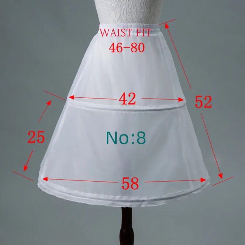 White children's polyester petticoat crinoline underskirt on dress form; adds volume, 6 styles and lengths.