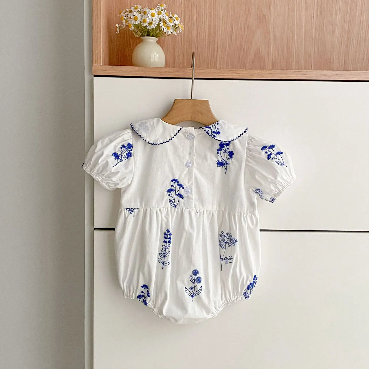 Blue Fleurs Peter Pan Collared Sibling Toddler Bubble Romper 1-24 mos. - The Palm Beach Baby Estimated 12 - 20 Day Shipping