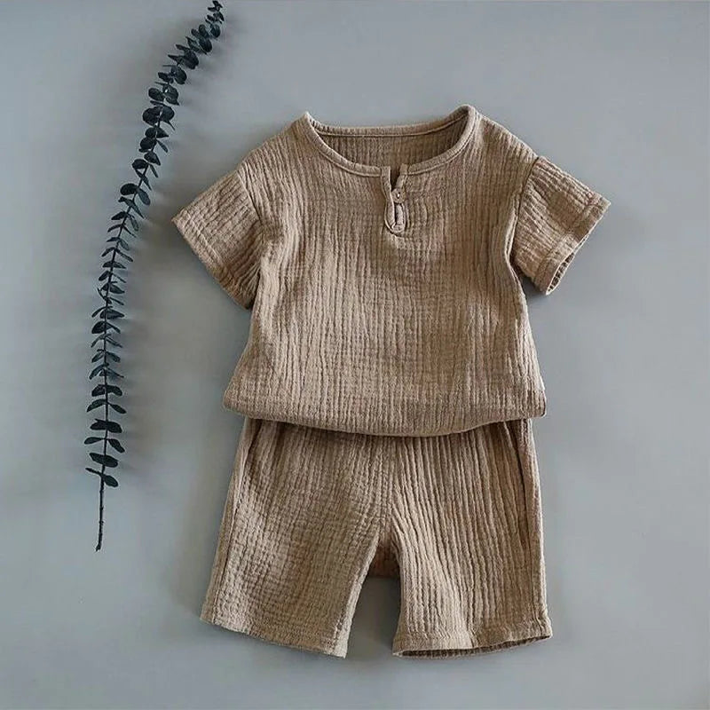 Charming Lightweight Children's Cotton Linen Shorts Set in a warm beige tone, ideal for casual playdates.