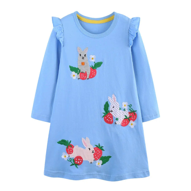 Close-up image of the Baby Animals Flutter Long Sleeve Girls Dress in Boca Blue, showcasing the delicate bunny and strawberry embroidery, ideal for stylish young girls.