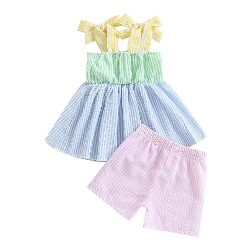 Sweet in Sun Seersucker 2 PC Shorts Set featuring a green, blue, and yellow sundress top with pink seersucker shorts.