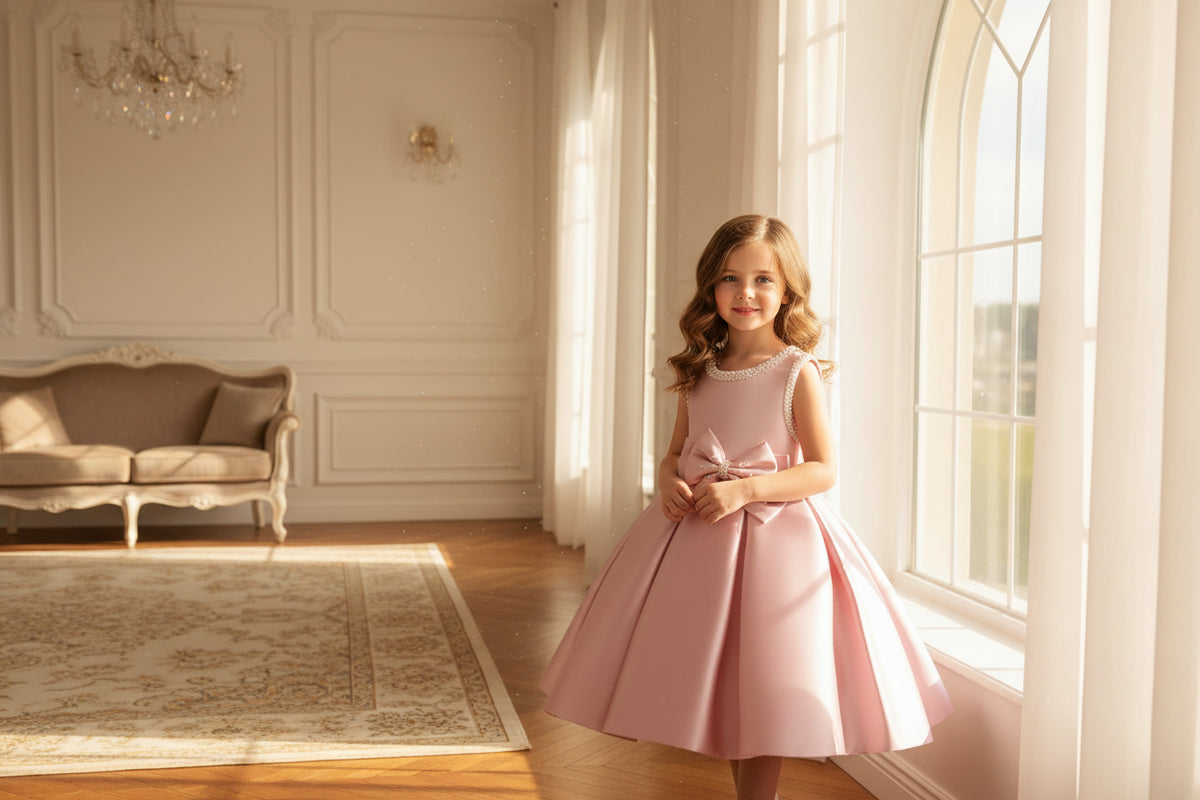 Taylor Elegant Beaded Formal Party Dress in pink for girls, beaded neckline and bow, knee-length satin skirt