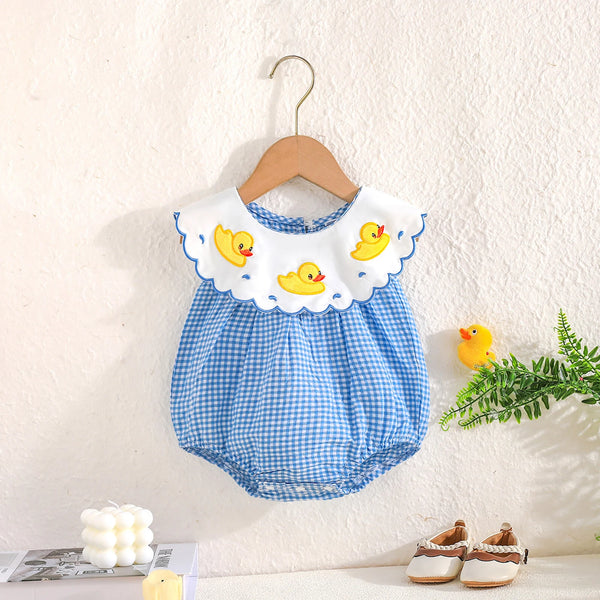 Plaid blue gingham baby bubble romper with white embroidered Peter Pan collar featuring yellow ducks.