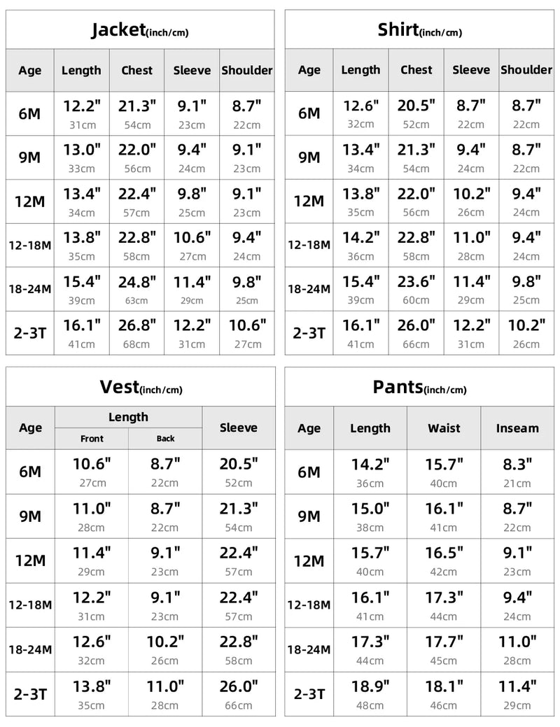 Detailed size chart for the Hudson Boys' Tuxedo Set, providing important measurements for a perfect fit.