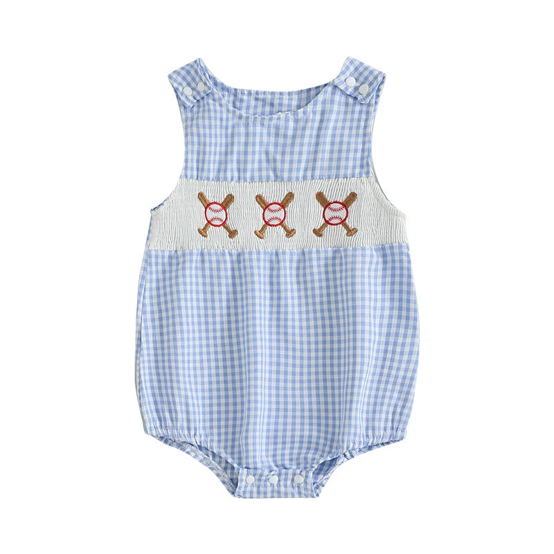 Front view of the blue checked bubble romper from the "Ball Four" collection, featuring baseball embroidery and a cute design.