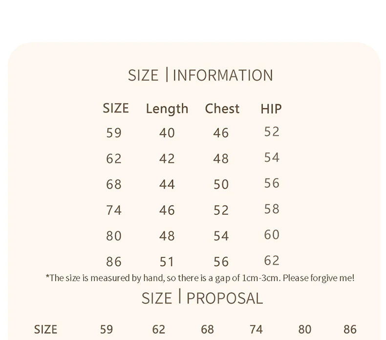 A size information chart showing measurements for sizes 59 through 86, with columns for Length, Chest, and HIP, plus a size proposal section at the bottom.
