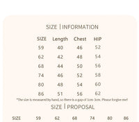 A size information chart showing measurements for sizes 59 through 86, with columns for Length, Chest, and HIP, plus a size proposal section at the bottom.