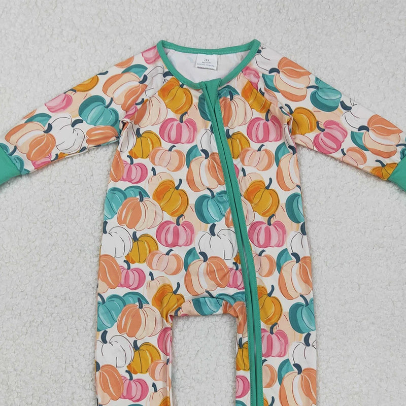Front view of the 'Pumpkin Harvest' Long Sleeved Pumpkin Print Romper highlighting the playful pumpkin pattern and easy zippered front.