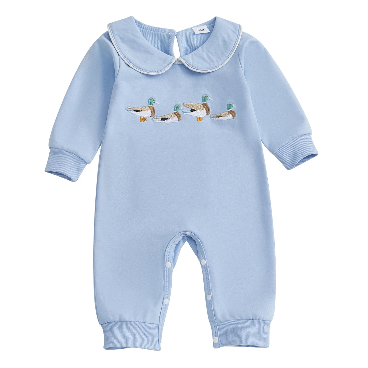 Little Ducks Preppy Boca Blue Romper for Babies - Long Sleeved with Peter Pan Collar