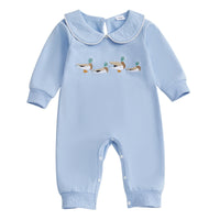 Little Ducks Preppy Boca Blue Romper for Babies - Long Sleeved with Peter Pan Collar