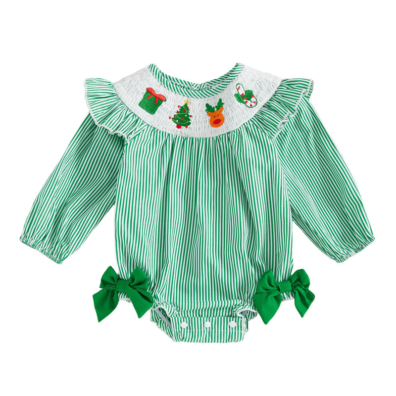 Bows and Stripes Smocked Christmas Bubble - 2 Holiday Colors