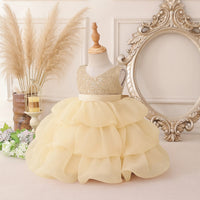 A toddler girl's formal party dress displayed on a mannequin, featuring a sparkling champagne sequined bodice and a voluminous, tiered cream tulle skirt. The dress is styled in a vintage-inspired room setting with a large ornate mirror, pampas grass, and small flowers.