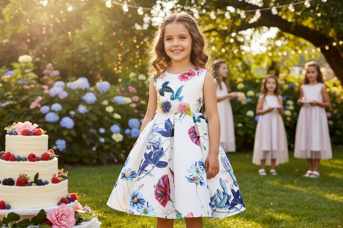 Little Girls Tropical Garden Party Dress in six vivacious colors with vibrant floral print and full flared skirt.