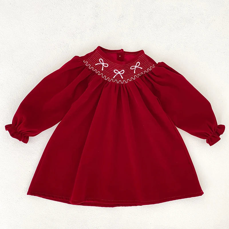 Bow-Licious Holiday Red Smocked Dress - Lantern-Style Sleeves