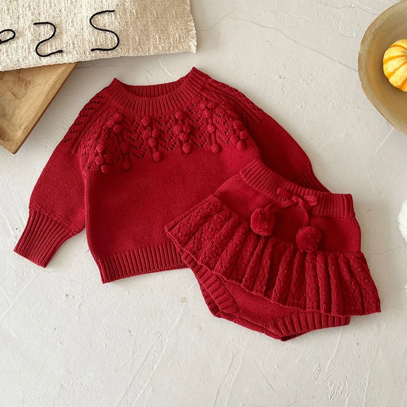 Pretty in Knit Popcorn Knit Pullover and toddler skorts in deep red, perfect for toddlers aged 3 months to 3 years.