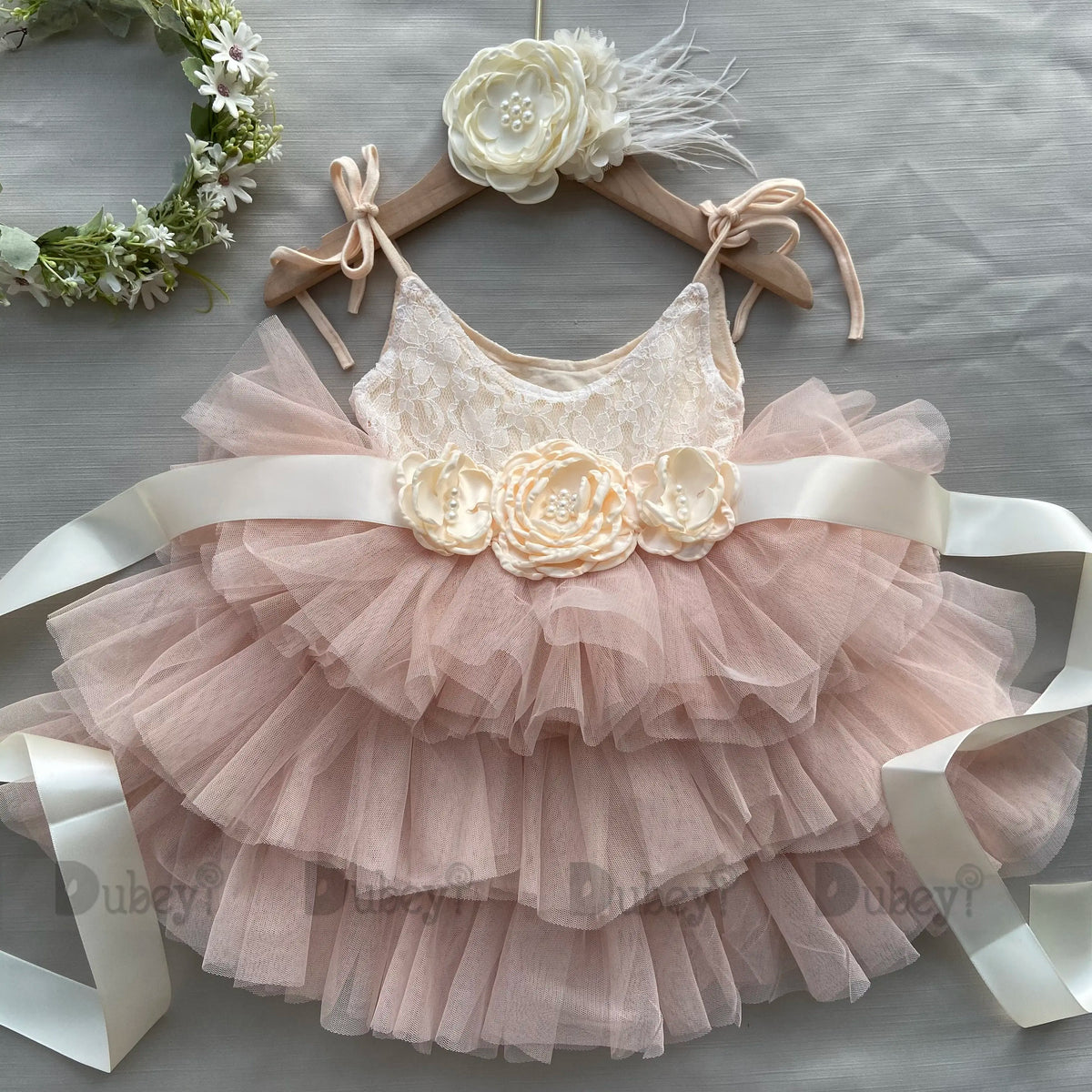 Cecilia tiered tulle special-occasion dress with floral belt and headband in blush for toddlers.