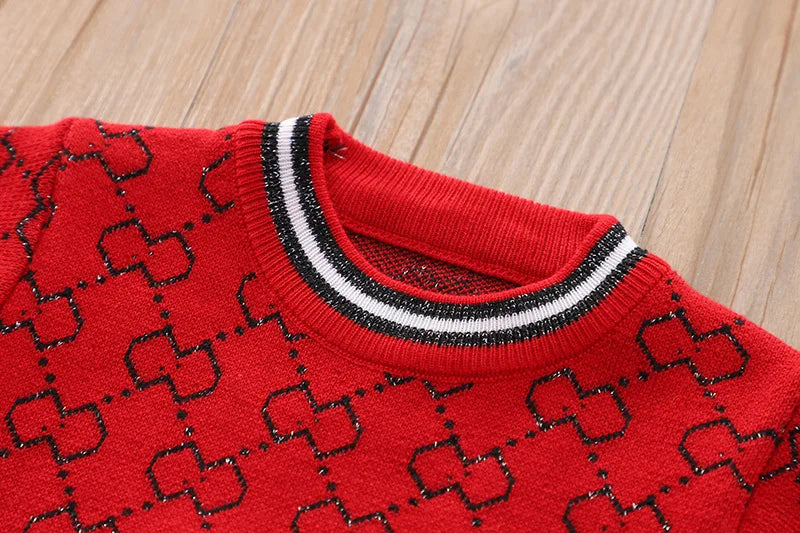 Close-up of the collar of the "Morgan" Classic Knit Skirt Set in vibrant red, showcasing the stylish design and ribbed details.