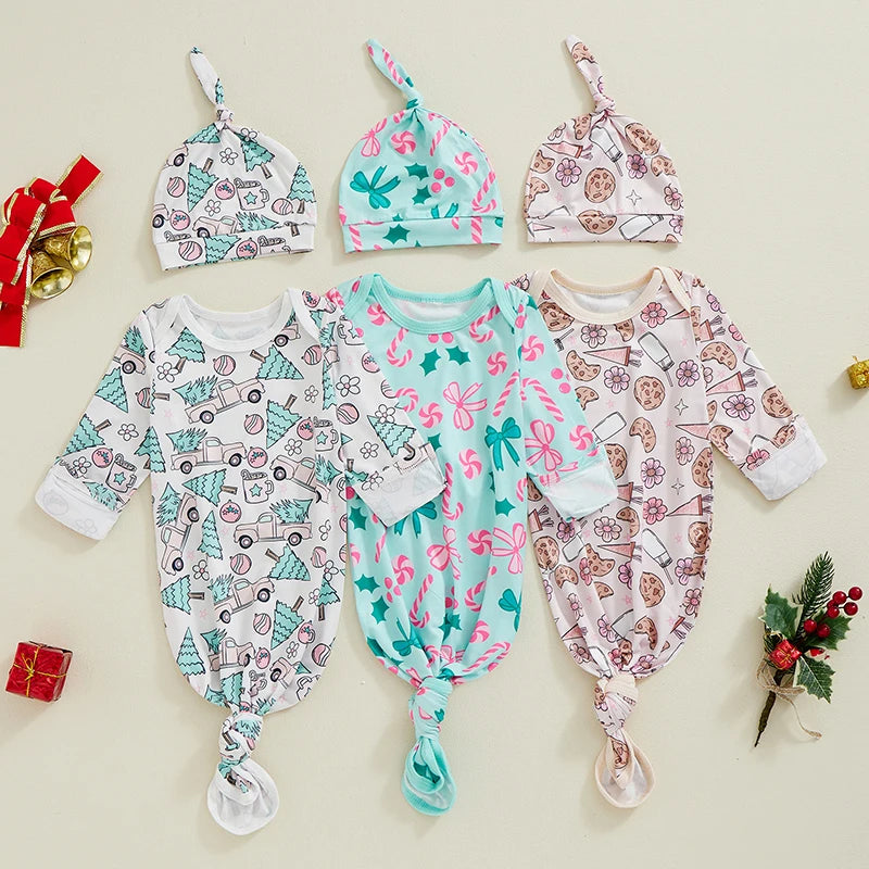 Collection of Candy Cane Sweetie Sleeper Swaddle Gowns & Hats in various fun prints, showcasing the baby swaddle gown's versatility and festive spirit for newborns.