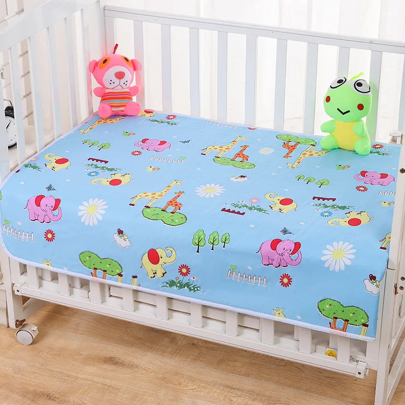 Childrens Waterproof Changing Pad in Cute Prints: blue cotton cover with elephants and giraffes, 50x70 or 70x90 cm