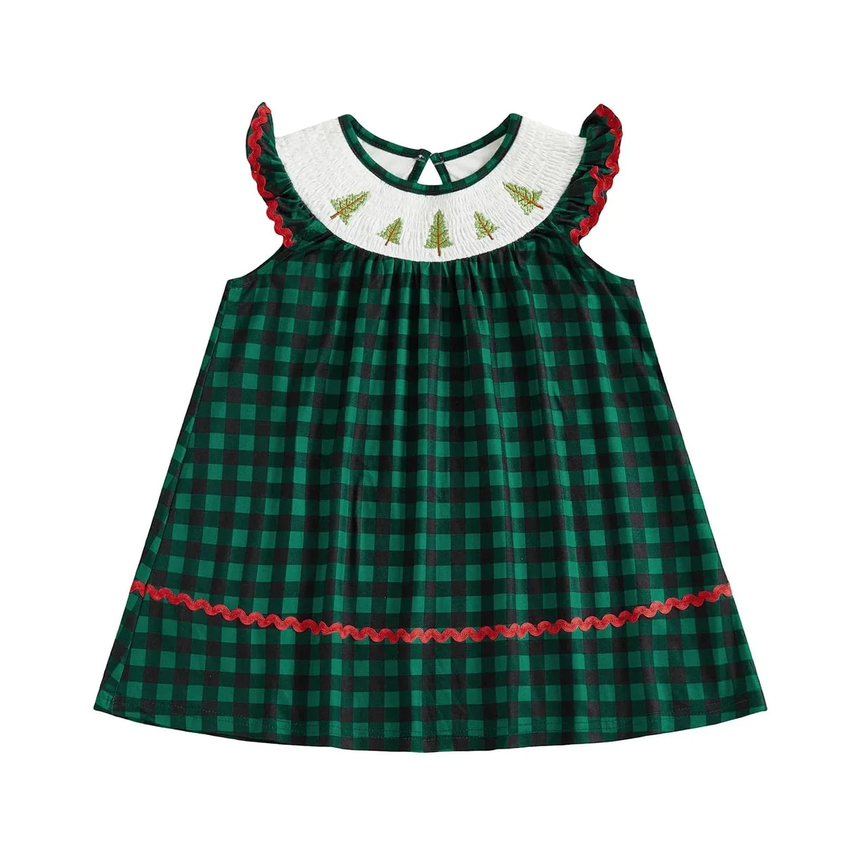 Festive Fir Tree Smocked Flutter Dress - Spruce Green Plaid - The Palm Beach Baby
