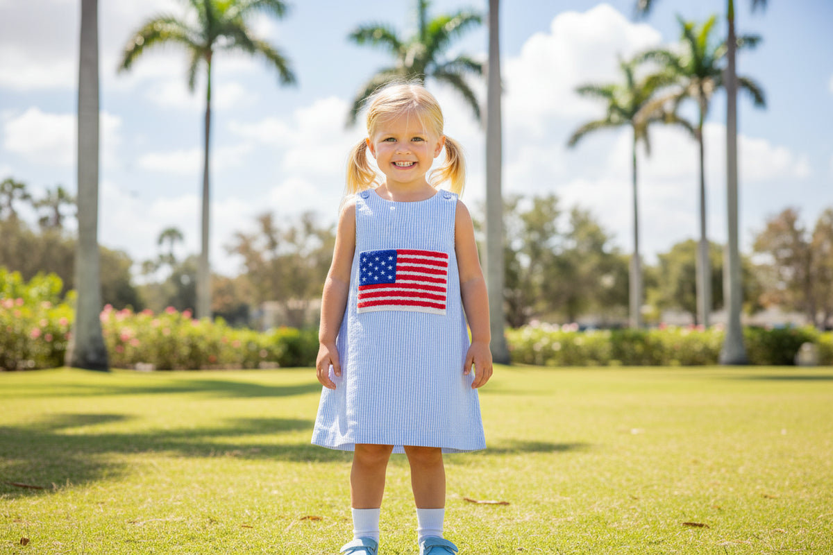 Little Girls Summer Dress in Patriotic Seersucker Style - The Palm Beach Baby Estimated 12 - 20 Day Shipping