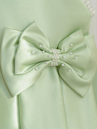 Mint green satin Taylor Elegant Beaded Formal Party Dress with a large beaded bow and pearl embellishment