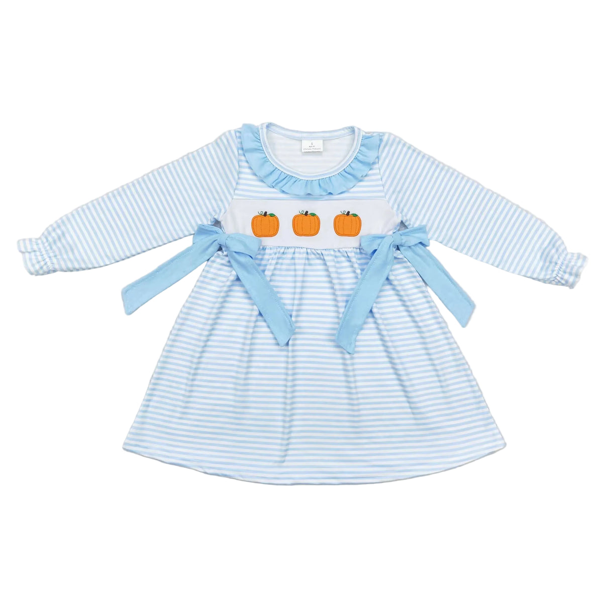 Blue striped long sleeve A-line dress with ruffled collar, side bows, and three embroidered pumpkin appliques for fall.