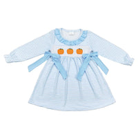 Blue striped long sleeve A-line dress with ruffled collar, side bows, and three embroidered pumpkin appliques for fall.