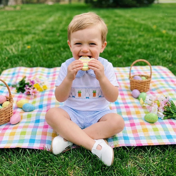 Hoppin' Great Time Seersucker Easter Bunny 2 PC Outfit - Embroidered Top - The Palm Beach Baby Estimated 12 - 20 Day Shipping