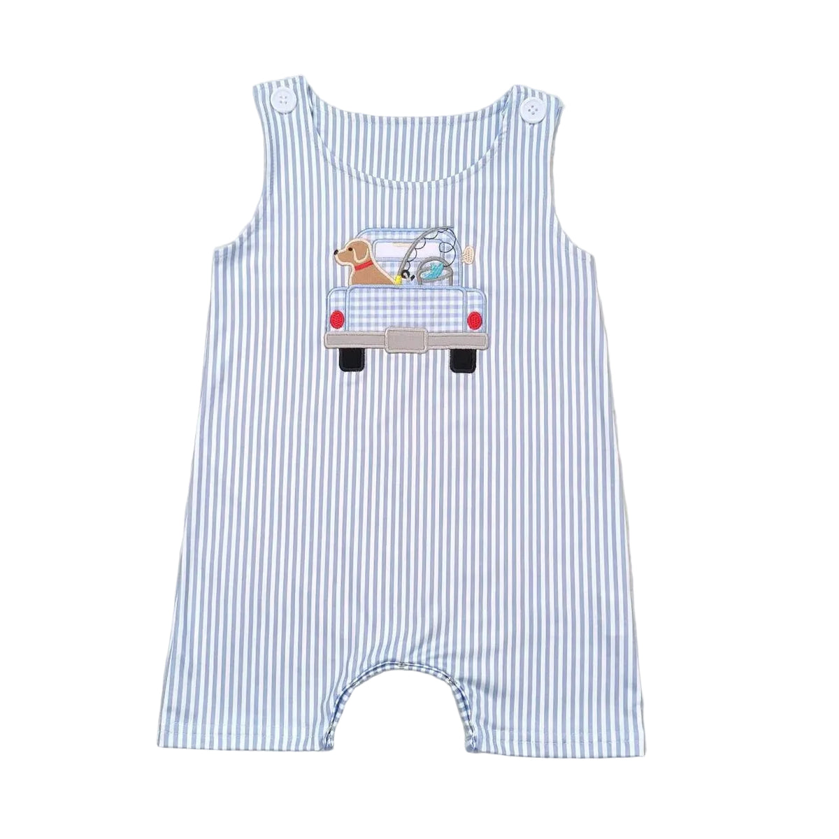Blue striped baby romper with car embroidery, spring-summer themed, suitable for newborns to 2-year-olds.