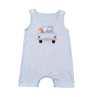 Blue striped baby romper with car embroidery, spring-summer themed, suitable for newborns to 2-year-olds.