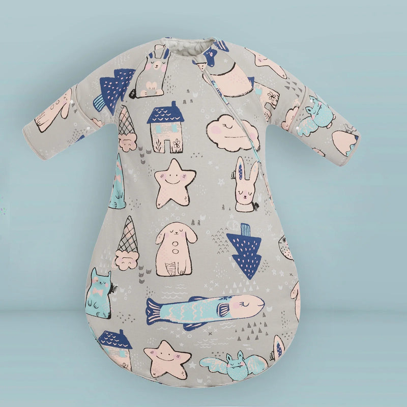 Cozy Baby Sleep Sack With Detachable Sleeves presented in a playful pastel design, perfect for toddlers aged 5-36 months.