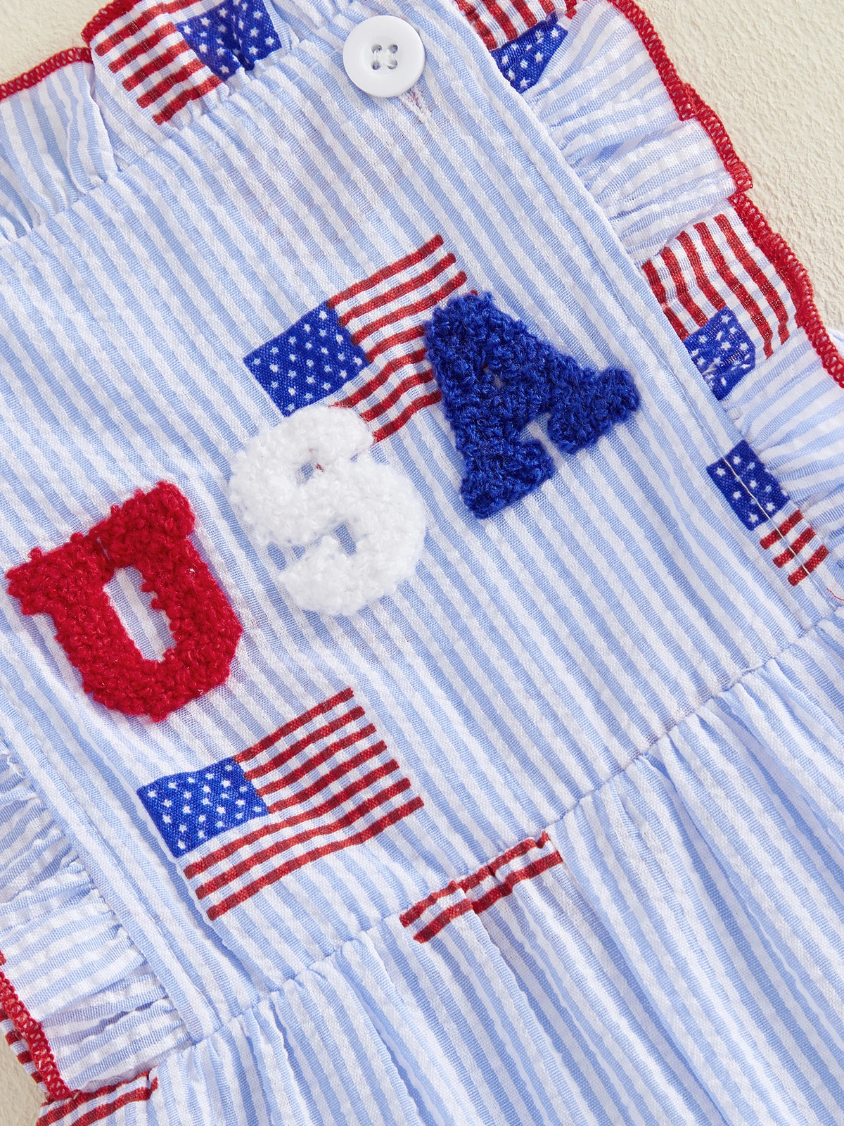 Patriotic Paula Adorable Seersucker Stripe and Flag Print Overalls - The Palm Beach Baby Estimated 12 - 20 Day Shipping
