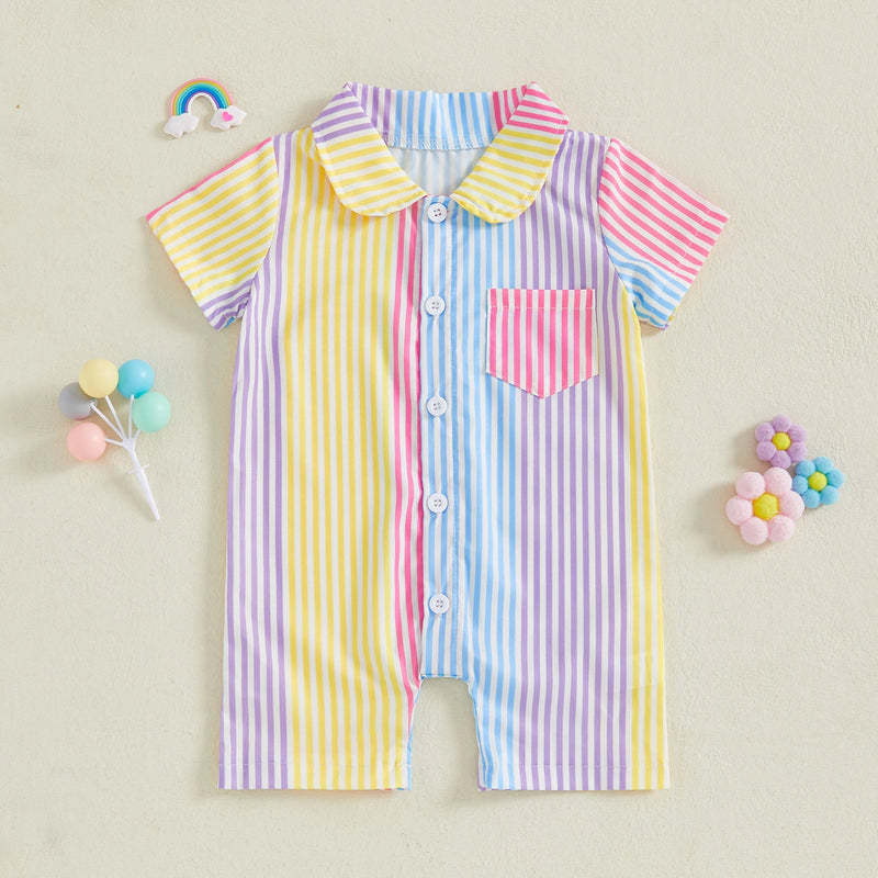 Close-up of the 'Ryan' Adorable Striped Romper, highlighting its colorful stripes and stylish pocket design.