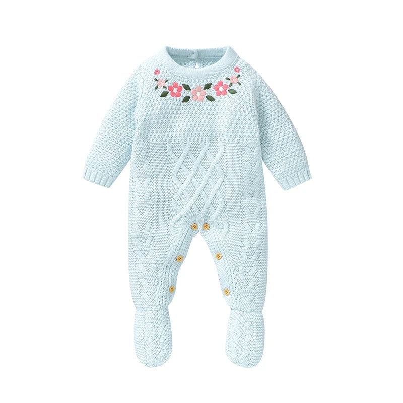 Precious Baby Flowers knitted romper with feet in light blue, featuring floral embroidery, ideal for newborns to 9 months, providing warmth and comfort.