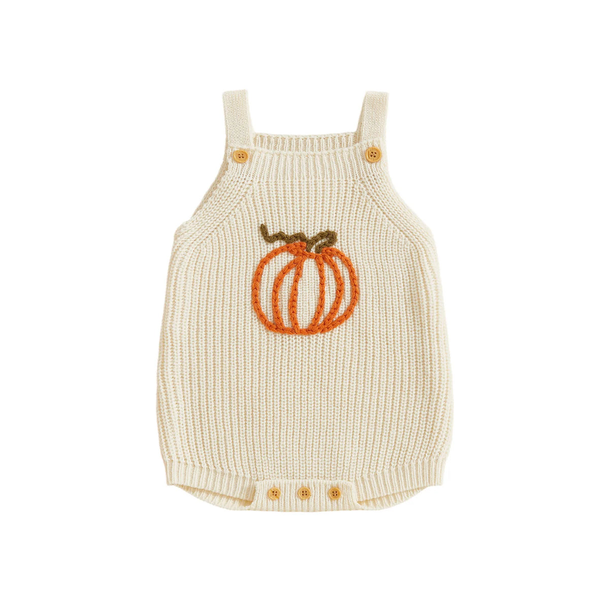 Cream knit romper overalls for babies featuring an orange pumpkin applique, wooden shoulder buttons, and bottom snap closure.