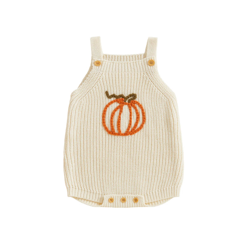 Cream knit romper overalls for babies featuring an orange pumpkin applique, wooden shoulder buttons, and bottom snap closure.