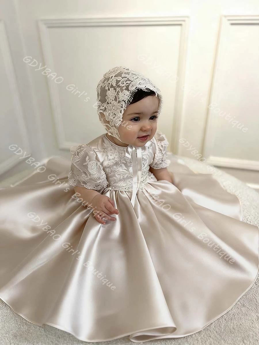 Hannah White ivory beaded lace gown with matching bonnet; taffeta and lace, full-skirt flower girl dress for wedding.