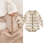 Fallon Cozy Khaki Baby Knitted Romper with Classic Plaid Pattern, styled on a baby, perfect for ages 0-24 months.