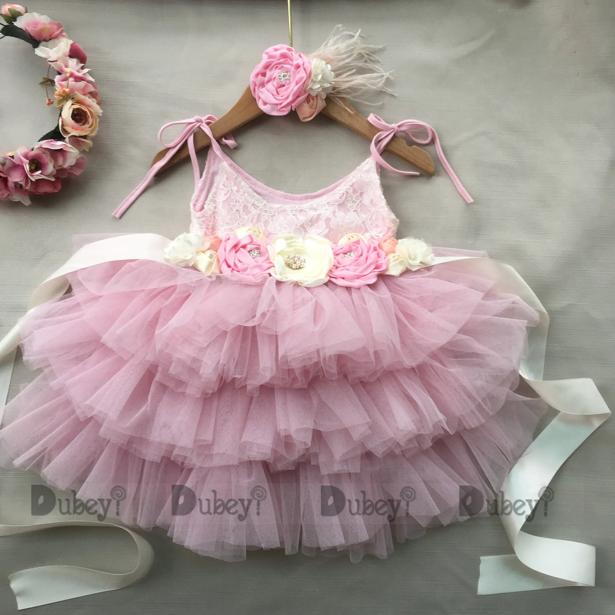 Cecilia tiered pink tulle dress with floral headband and belt for vintage-style special occasion.