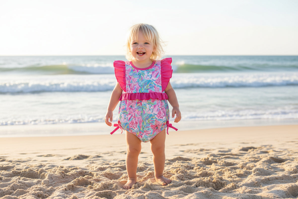 Vivacious Frills Baby Rompers for Girls - Cute Bows & Playful Frills - The Palm Beach Baby Estimated 14 - 20 Day Shipping