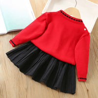 Vanessa Floral Knitted Cardigan and Pleated Skirt Two-Piece Set: red cardigan with black pleated skirt.