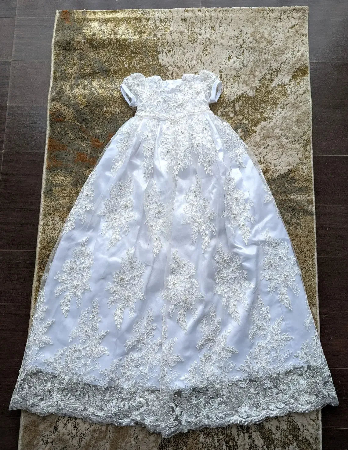 Ava Lace Christening Gown - Elegant Heirloom Design with Appliques & Puff Sleeves - 2 Colors - The Palm Beach Baby